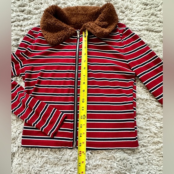 Womens Small Striped Print Zip Up T-Shirt red black white - Picture 12 of 12